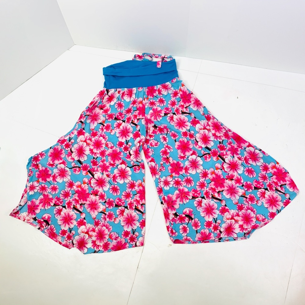 Made In Nepal Women Large Pull On Wide Leg Crop Pants Boho Hibiscus Floral Beach